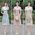 Retro Cheongsam Dress For Women Fashion Chinese Style Printing Stand Collar A line Skirt Short Sleeves Midi Skirt apricot L