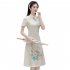Retro Cheongsam Dress For Women Fashion Chinese Style Printing Stand Collar A line Skirt Short Sleeves Midi Skirt apricot L