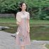 Retro Cheongsam Dress For Women Fashion Chinese Style Printing Stand Collar A line Skirt Short Sleeves Midi Skirt apricot L