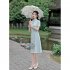 Retro Cheongsam Dress For Women Fashion Chinese Style Printing Stand Collar A line Skirt Short Sleeves Midi Skirt apricot L