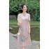 Retro Cheongsam Dress For Women Fashion Chinese Style Printing Stand Collar A line Skirt Short Sleeves Midi Skirt apricot L