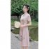 Retro Cheongsam Dress For Women Fashion Chinese Style Printing Stand Collar A line Skirt Short Sleeves Midi Skirt apricot XL