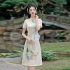 Retro Cheongsam Dress For Women Fashion Chinese Style Printing Stand Collar A-line Skirt Short Sleeves Midi Skirt apricot XL