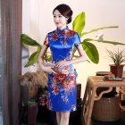 Retro Cheongsam Dress For Women Summer Short Sleeves Low Slit Skirt Large Size Stand Collar Satin Dress Blue LGD129-C L