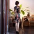 Retro Cheongsam Dress For Women Summer Short Sleeves Low Slit Skirt Large Size Stand Collar Satin Dress Blue LGD129 C 2XL