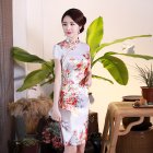 Retro Cheongsam Dress For Women Summer Short Sleeves Low Slit Skirt Large Size Stand Collar Satin Dress White LGD129 M