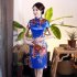 Retro Cheongsam Dress For Women Summer Short Sleeves Low Slit Skirt Large Size Stand Collar Satin Dress Red LGD129 B S