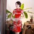 Retro Cheongsam Dress For Women Summer Short Sleeves Low Slit Skirt Large Size Stand Collar Satin Dress Red LGD129 B S