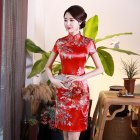 Retro Cheongsam Dress For Women Summer Short Sleeves Low Slit Skirt Large Size Stand Collar Satin Dress Red LGD129-B 5XL