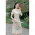 Retro Cheongsam Dress For Women Fashion Chinese Style Printing Stand Collar A line Skirt Short Sleeves Midi Skirt blue XL