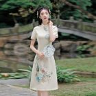 Retro Cheongsam Dress For Women Fashion Chinese Style Printing Stand Collar A-line Skirt Short Sleeves Midi Skirt apricot 2XL