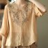 Retro Embroidery Cotton Linen Shirts For Women Summer V Neck Half Sleeves Blouse Loose Pullover Tops Khaki L