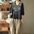 Retro Embroidery Cotton Linen Shirts For Women Summer V Neck Half Sleeves Blouse Loose Pullover Tops Khaki L