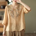 Retro Embroidery Cotton Linen Shirts For Women Summer V Neck Half Sleeves Blouse Loose Pullover Tops Khaki XL