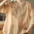 Retro Embroidery Cotton Linen Shirts For Women Summer V Neck Half Sleeves Blouse Loose Pullover Tops White 4XL