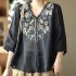 Retro Embroidery Cotton Linen Shirts For Women Summer V Neck Half Sleeves Blouse Loose Pullover Tops White 4XL