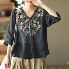 Retro Embroidery Cotton Linen Shirts For Women Summer V Neck Half Sleeves Blouse Loose Pullover Tops navy blue M