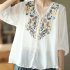 Retro Embroidery Cotton Linen Shirts For Women Summer V Neck Half Sleeves Blouse Loose Pullover Tops navy blue XL