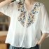 Retro Embroidery Cotton Linen Shirts For Women Summer V Neck Half Sleeves Blouse Loose Pullover Tops navy blue L