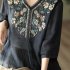 Retro Embroidery Cotton Linen Shirts For Women Summer V Neck Half Sleeves Blouse Loose Pullover Tops navy blue XL