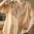 Retro Embroidery Cotton Linen Shirts For Women Summer V Neck Half Sleeves Blouse Loose Pullover Tops navy blue XL