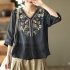 Retro Embroidery Cotton Linen Shirts For Women Summer V Neck Half Sleeves Blouse Loose Pullover Tops navy blue XL