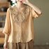 Retro Embroidery Cotton Linen Shirts For Women Summer V Neck Half Sleeves Blouse Loose Pullover Tops navy blue XL