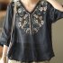 Retro Embroidery Cotton Linen Shirts For Women Summer V Neck Half Sleeves Blouse Loose Pullover Tops navy blue XL