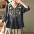 Retro Embroidery Cotton Linen Shirts For Women Summer V Neck Half Sleeves Blouse Loose Pullover Tops navy blue L