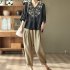 Retro Embroidery Cotton Linen Shirts For Women Summer V Neck Half Sleeves Blouse Loose Pullover Tops navy blue 3XL