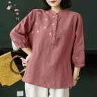 Retro Flower Embroidery Shirt For Women Summer Solid Color Stand Collar Blouse Loose Pullover T-shirt pink M