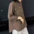 Retro Flower Embroidery Shirt For Women Summer Solid Color Stand Collar Blouse Loose Pullover T shirt brown coffee M