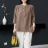 Retro Flower Embroidery Shirt For Women Summer Solid Color Stand Collar Blouse Loose Pullover T shirt brown coffee M