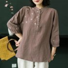 Retro Flower Embroidery Shirt For Women Summer Solid Color Stand Collar Blouse Loose Pullover T-shirt brown coffee M