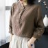 Retro Flower Embroidery Shirt For Women Summer Solid Color Stand Collar Blouse Loose Pullover T shirt brown coffee M