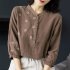 Retro Flower Embroidery Shirt For Women Summer Solid Color Stand Collar Blouse Loose Pullover T shirt brown coffee M