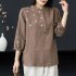 Retro Flower Embroidery Shirt For Women Summer Solid Color Stand Collar Blouse Loose Pullover T shirt brown coffee M