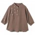 Retro Flower Embroidery Shirt For Women Summer Solid Color Stand Collar Blouse Loose Pullover T shirt brown coffee M