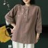 Retro Flower Embroidery Shirt For Women Summer Solid Color Stand Collar Blouse Loose Pullover T shirt brown coffee M