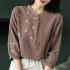 Retro Flower Embroidery Shirt For Women Summer Solid Color Stand Collar Blouse Loose Pullover T shirt brown coffee M