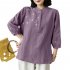 Retro Flower Embroidery Shirt For Women Summer Solid Color Stand Collar Blouse Loose Pullover T shirt brown coffee M