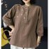 Retro Flower Embroidery Shirt For Women Summer Solid Color Stand Collar Blouse Loose Pullover T shirt brown coffee M