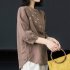 Retro Flower Embroidery Shirt For Women Summer Solid Color Stand Collar Blouse Loose Pullover T shirt brown coffee M