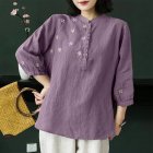 Retro Flower Embroidery Shirt For Women Summer Solid Color Stand Collar Blouse Loose Pullover T-shirt Purple L