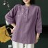 Retro Flower Embroidery Shirt For Women Summer Solid Color Stand Collar Blouse Loose Pullover T shirt Purple L