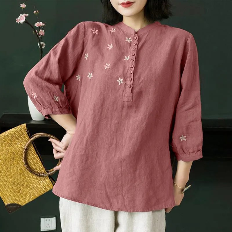 Retro Flower Embroidery Shirt For Women Summer Solid Color Stand Collar Blouse Loose Pullover T-shirt pink 2XL