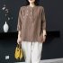 Retro Flower Embroidery Shirt For Women Summer Solid Color Stand Collar Blouse Loose Pullover T shirt pink 2XL