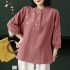 Retro Flower Embroidery Shirt For Women Summer Solid Color Stand Collar Blouse Loose Pullover T shirt pink 2XL