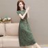 Retro French Printed Dress For Women Summer Short Sleeves Slim Fit Midi Skirt Lace up High Waist A line Skirt L8910 M