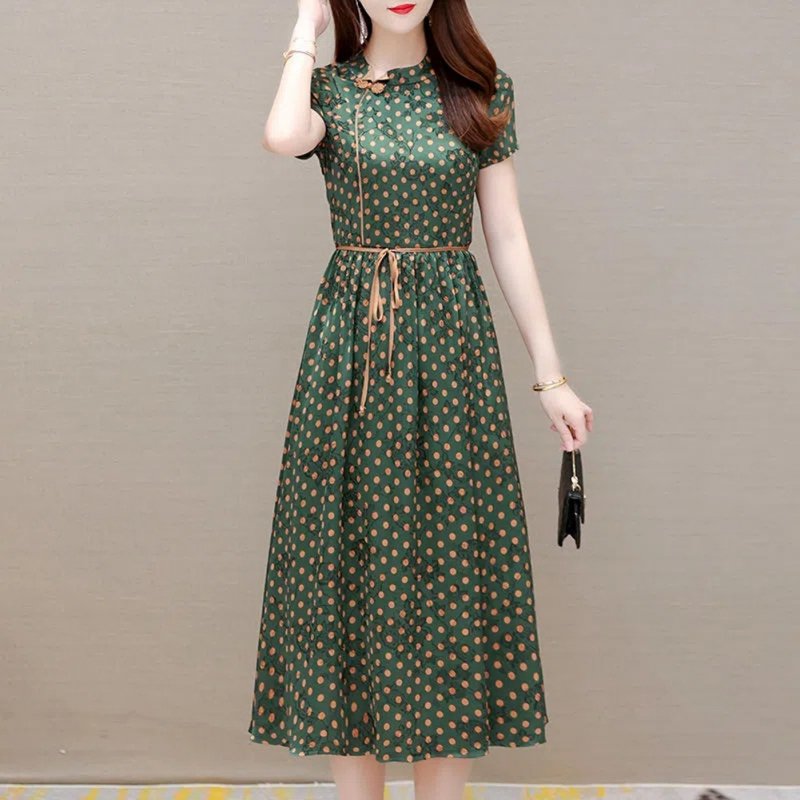 Retro French Printed Dress For Women Summer Short Sleeves Slim Fit Midi Skirt Lace-up High Waist A-line Skirt L8910 M